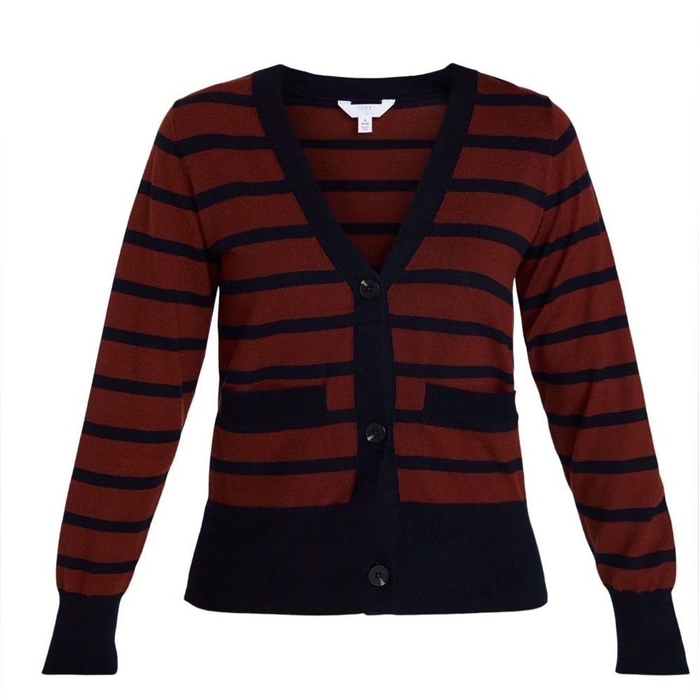 Time and Tru Women’s V-Neck Cardigan Sweater Striped Lightweight Navy Red 2XL